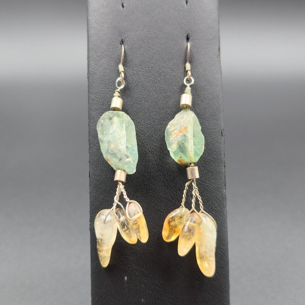 Silver Over Copper Handmade Prasiolite And Citrine Stone Earrings B805